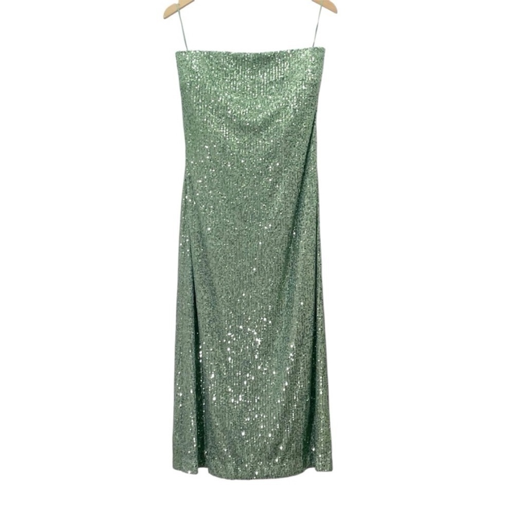NWT!Anthro Moss Green The Fleur Strapless Satin Maxi Slip Dress: Sequin Edition🏆 - Picture 8 of 10